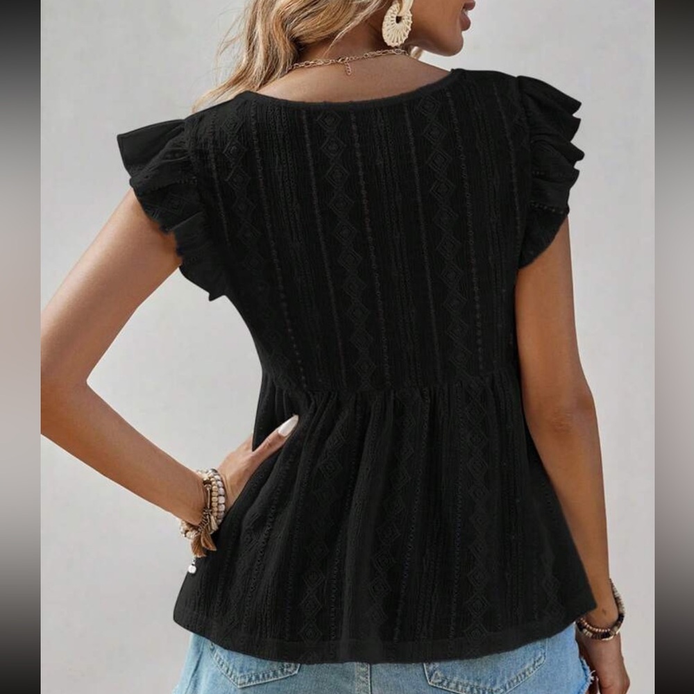 Boho Black v neck ruffle babydoll blouse - Picture 7 of 10